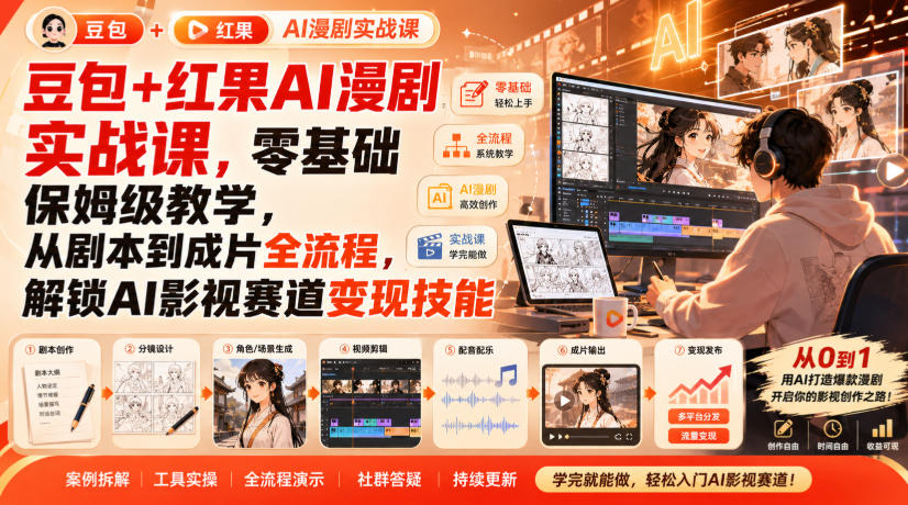 豆包+红果AI漫剧实战课,零基础保姆级教学,从剧本到成片全流程,解锁AI影视赛道变现技能-知创网