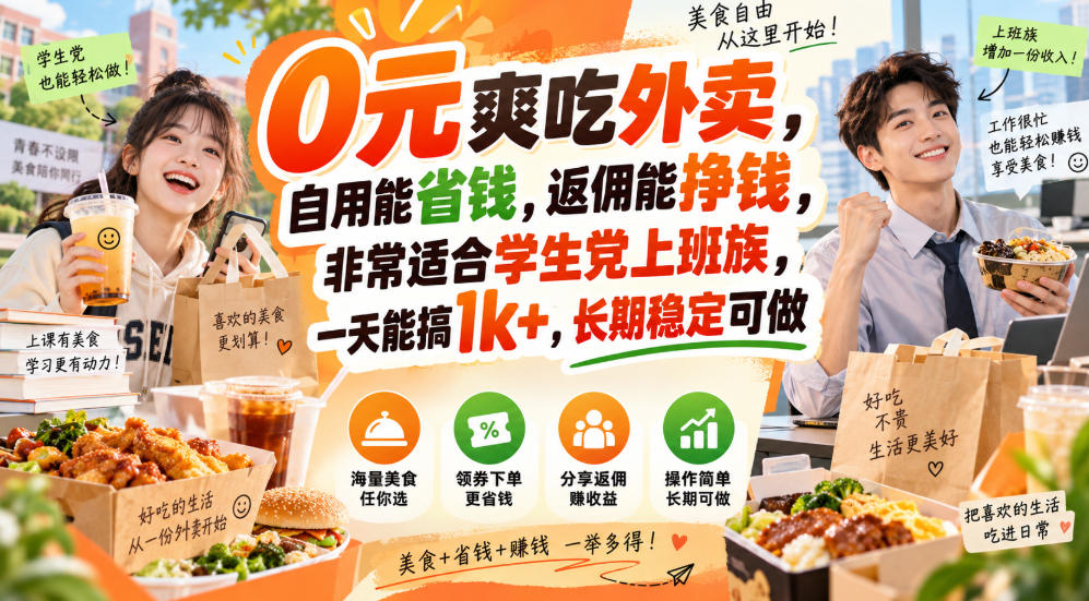 0元爽吃外卖，自用能省钱，返佣能挣钱，非常适合学生党上班族，一天能搞1k+，长期稳定可做-知创网