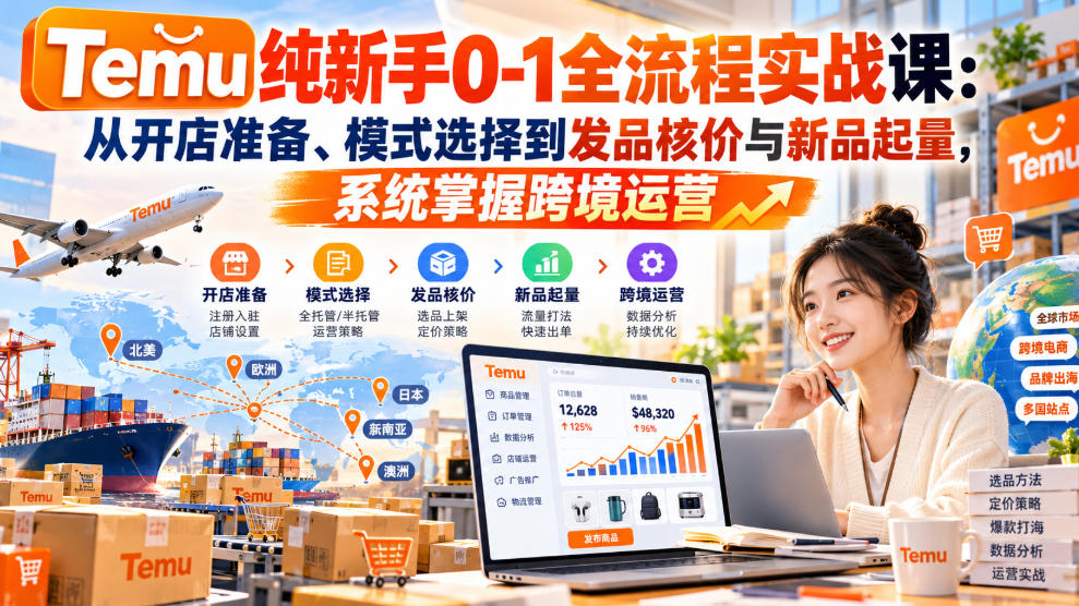【无水印】Temu纯新手0-1全流程实战课：从开店准备、模式选择到发品核价与新品起量，系统掌握跨境运营-知创网