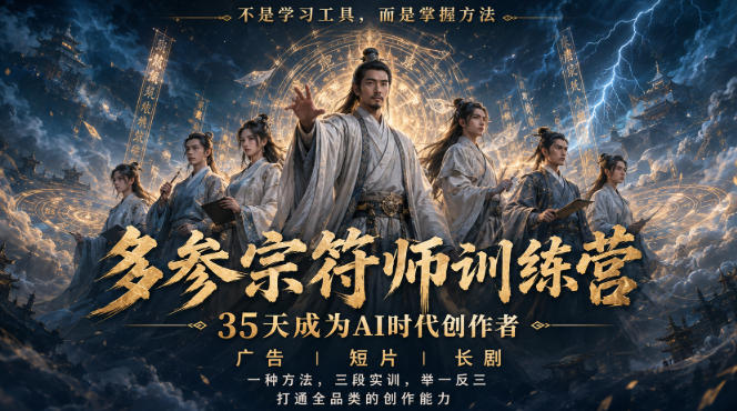 多参宗符师训练营,35天成为AI时代创作者,广告|短片|长剧,一种方法,三段实训,举一反三,打通全品类的创作能力-知创网