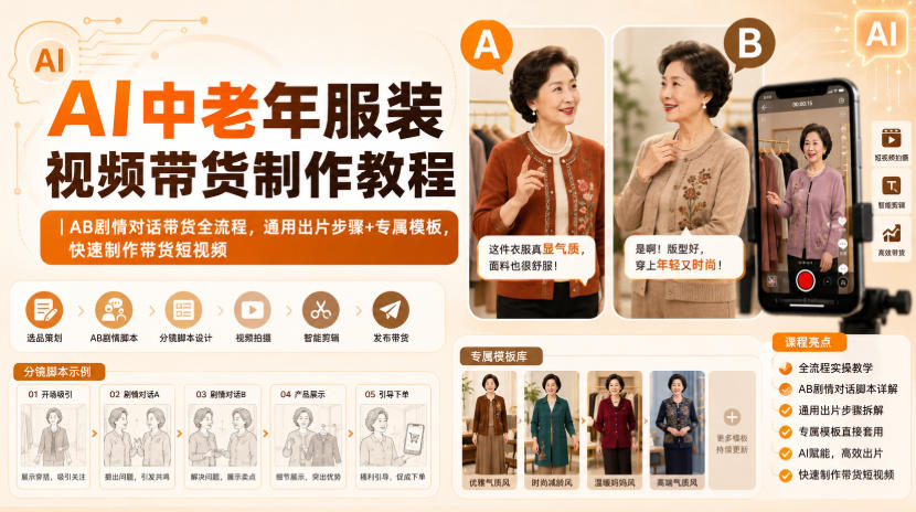 AI中老年服装视频带货制作教程｜AB剧情对话带货全流程，通用出片步骤+专属模板，快速制作带货短视频-知创网