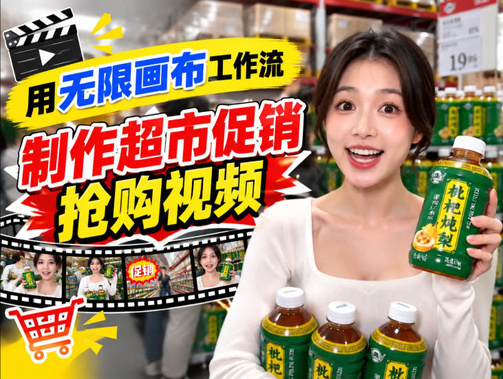 无限画布超市促销抢购视频工作流，一键产出TikTok抖音带货短视频-知创网