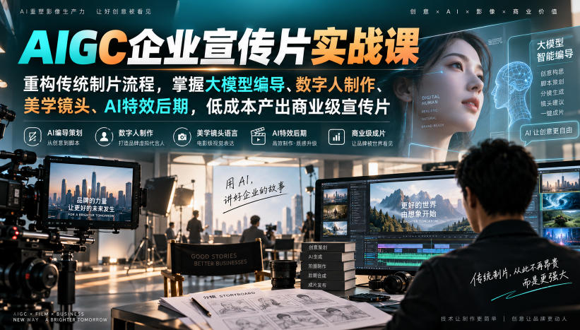 AIGC企业宣传片实战课,重构传统制片流程,掌握大模型编导、数字人制作、美学镜头、AI特效后期,低成本产出商业级宣传片-知创网