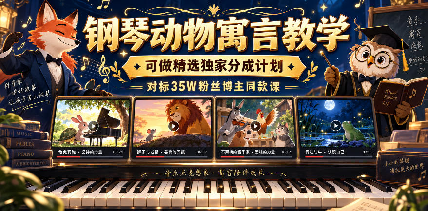 钢琴动物寓言教学,可做精选独家分成计划,对标35W粉丝博主同款课-知创网