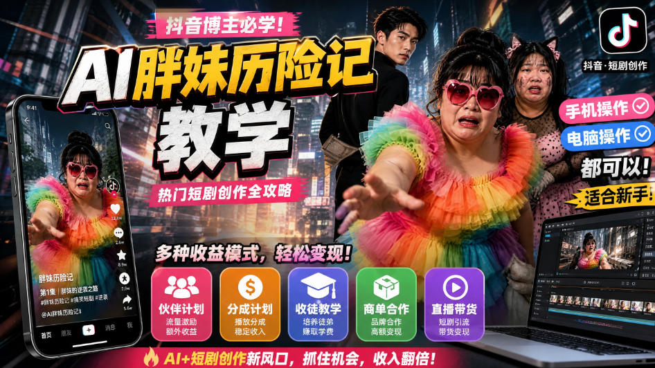 抖音博主的AI胖妹历险记教学，伙伴计划+分成计划+收徒+商单等多种收益，适合新手，手机电脑都可以操作-知创网