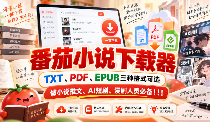 番茄小说下载器,TXT、PDF、EPUB三种格式可选,做小说推文、AI短剧、漫剧人员必备!!!-知创网