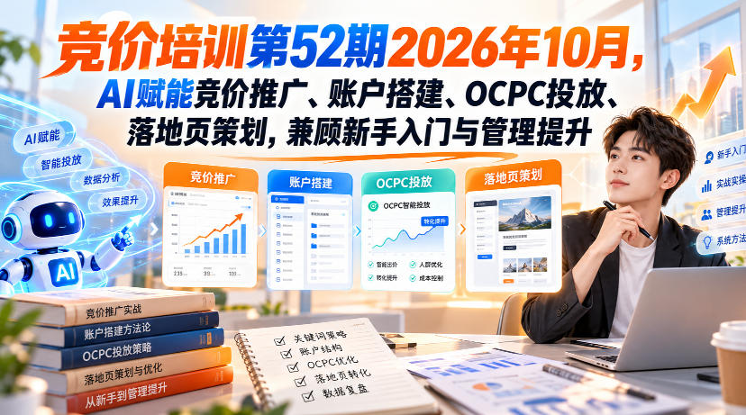 【无水印】竞价培训第52期2026年10月，AI赋能竞价推广、账户搭建、OCPC投放、落地页策划，兼顾新手入门与管理提升-知创网