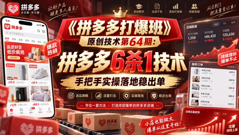 《拼多多打爆班》原创技术第64期：拼多多6杀1技术，手把手实操落地稳出单-知创网