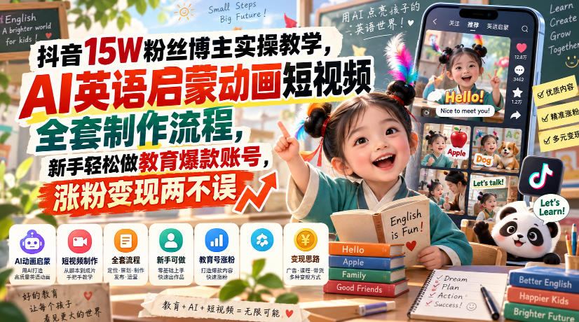抖音15W粉丝博主实操教学,AI英语启蒙动画短视频全套制作流程,新手轻松做教育爆款账号,涨粉变现两不误-知创网