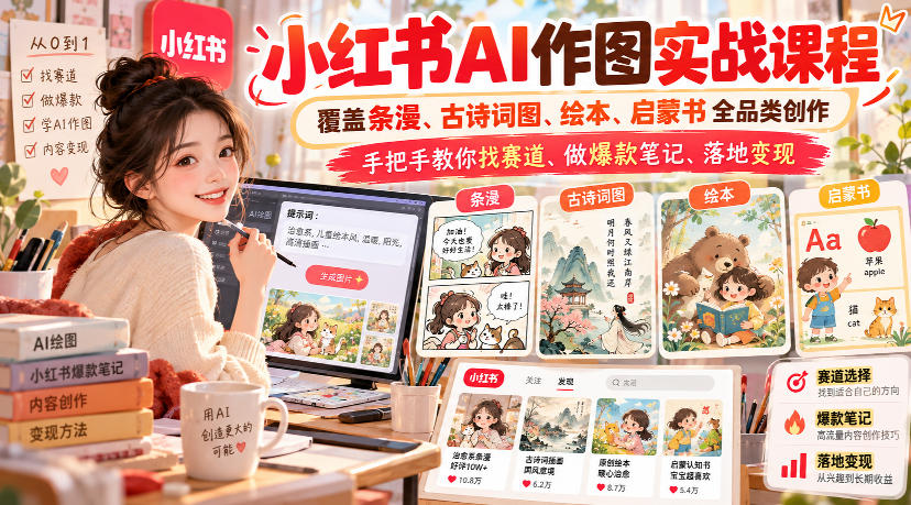 小红书AI作图实战课程，覆盖条漫、古诗词图、绘本、启蒙书全品类创作，手把手教你找赛道、做爆款笔记、落地变现-知创网