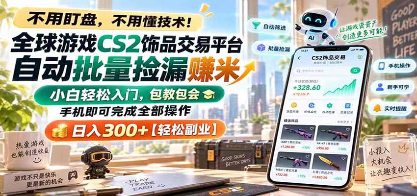 全球游戏CS2饰品交易平台自动批量捡漏赚米，手机即可完成全部操作，日入300+-知创网