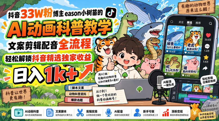 抖音33W粉博主eason小树苗的AI动画科普教学,文案剪辑配音全流程,轻松解锁抖音精选独家收益,日入1k+-知创网