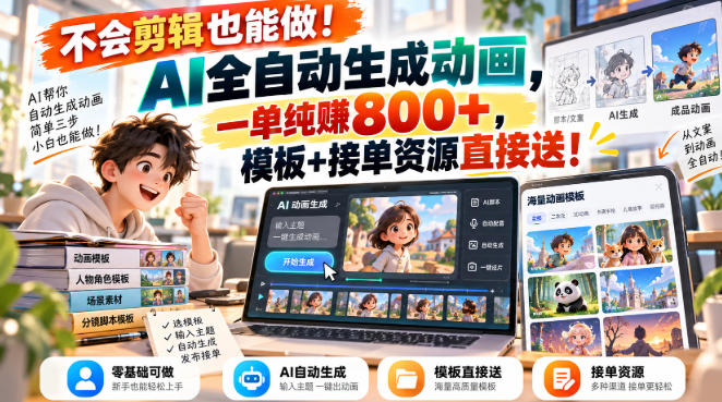 不会剪辑也能做！AI全自动生成动画，一单纯賺800+，模板+接单资源直接送！【揭秘】-知创网