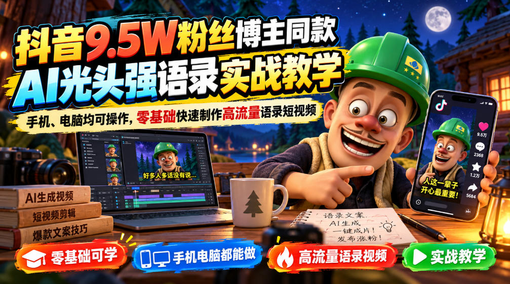 抖音9.5W粉丝博主同款AI光头强语录实战教学，手机、电脑均可操作，零基础快速制作高流量语录短视频-知创网