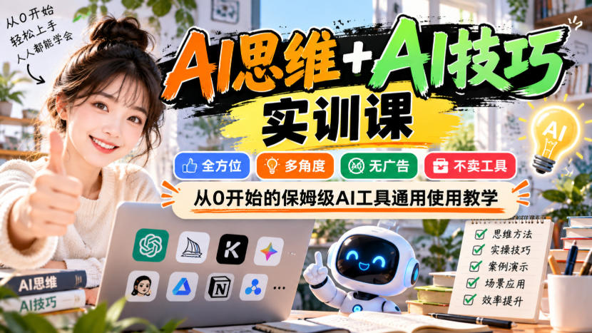 AI思维+AI技巧实训课,全方位、多角度、无广告、不卖工具,从0开始的保姆级AI工具通用使用教学-知创网