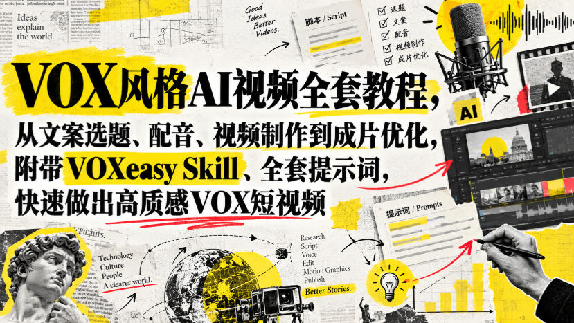 VOX风格AI视频全套教程，从文案选题、配音、视频制作到成片优化，附带VOXeasy Skill、全套提示词，快速做出高质感VOX短视频-知创网
