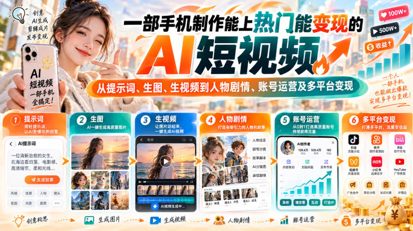 【无水印】一部手机制作能上热门能变现的AI短视频，从提示词、生图、生视频到人物剧情、账号运营及多平台变现-知创网