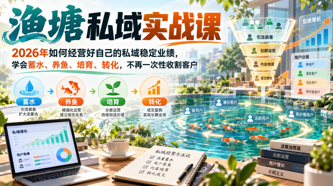渔塘私域实战课，2026年如何经营好自己的私域稳定业绩，学会蓄水、养鱼、培育、转化，不再一次性收割客户-知创网