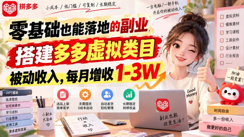 零基础也能落地的副业,搭建多多虚拟类目被动收入,每月增收1-3W【揭秘】-知创网