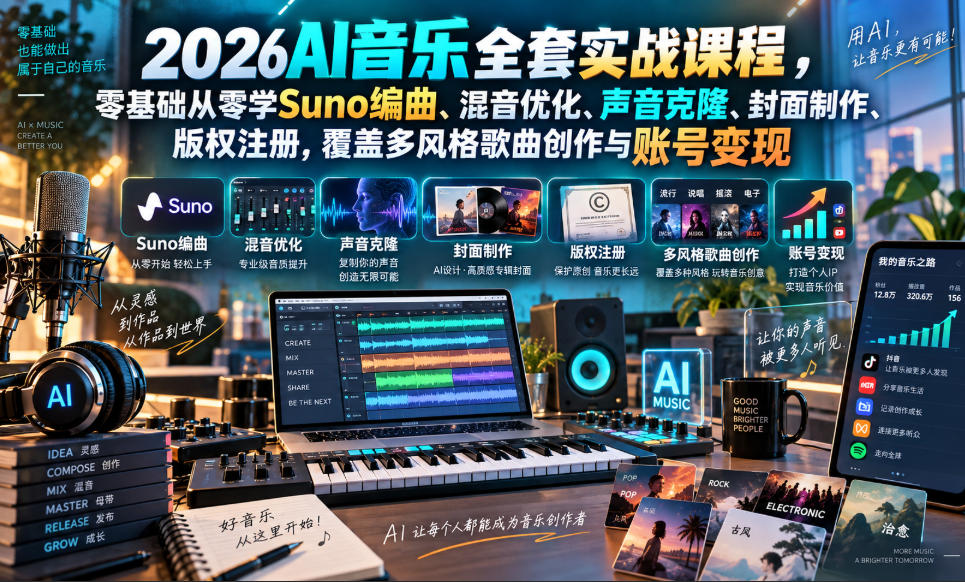 2026AI音乐实战课程，零基础从零学Suno编曲、混音优化、声音克隆、版权注册，覆盖多风格歌曲创作与账号变现-知创网