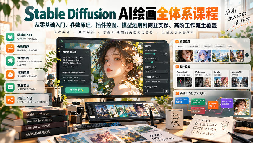 【无水印】Stable Diffusion AI绘画全体系课程,从零基础入门、参数原理、插件控图、模型运用到商业实操、高阶工作流全覆盖-知创网