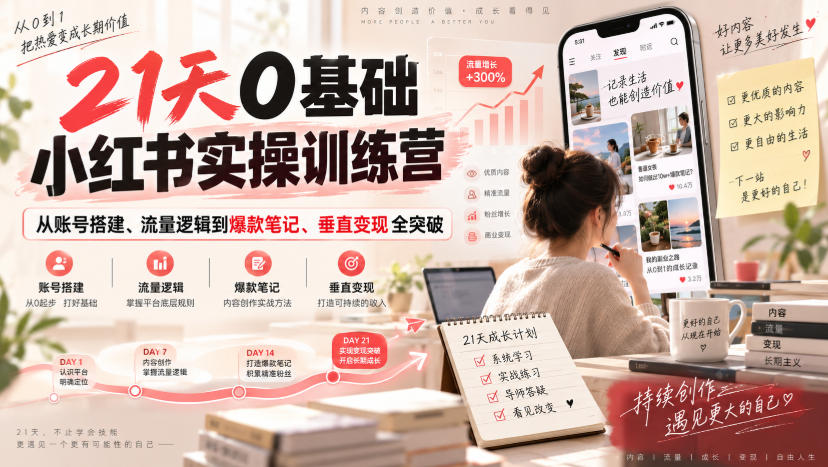 21天0基础小红书实操训练营｜从账号搭建、流量逻辑到爆款笔记、垂直变现全突破-知创网