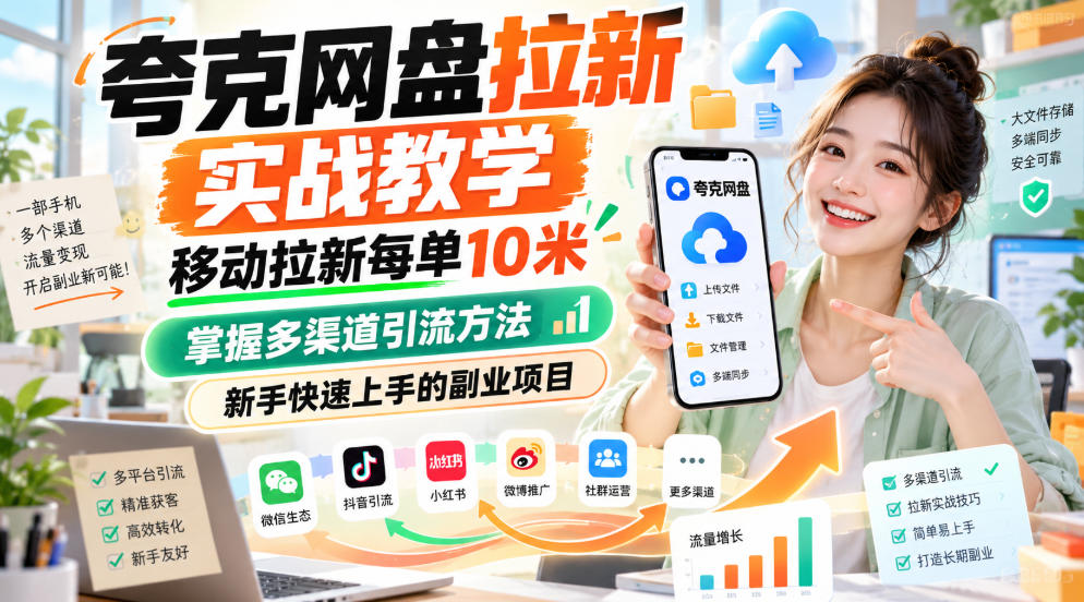 夸克网盘拉新实战教学,移动拉新每单10米,掌握多渠道引流方法,新手快速上手的副业项目-知创网