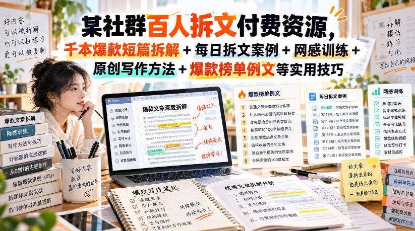 某社群百人拆文付费资源,千本爆款短篇拆解+每日拆文案例+网感训练+原创写作方法+爆款榜单例文等实用技巧(持续更新)-知创网