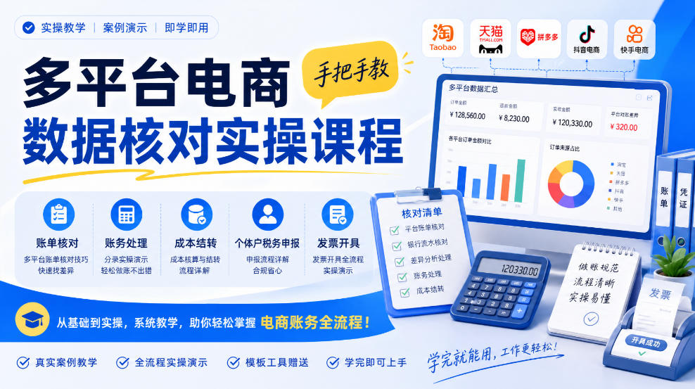多平台电商数据核对实操课程,手把手教账单核对、账务处理、成本结转、个体户税务申报与发票开具-知创网
