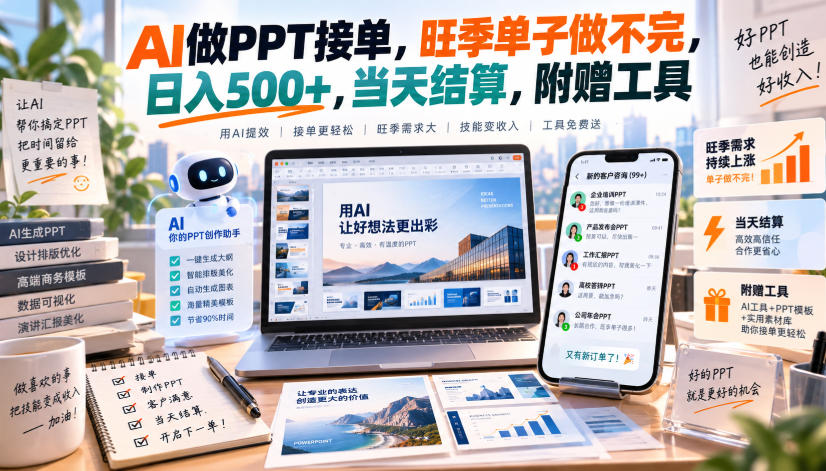 AI做PPT接单,旺季单子做不完,日入500+,当天结算,附赠工具【揭秘】-知创网