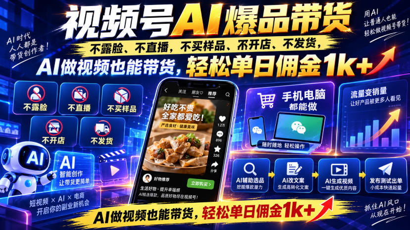 视频号Ai爆品带货，不露脸、不直播、不买样品、不开店、不发货，AI做视频也能带货，轻松单日佣金1k+-知创网