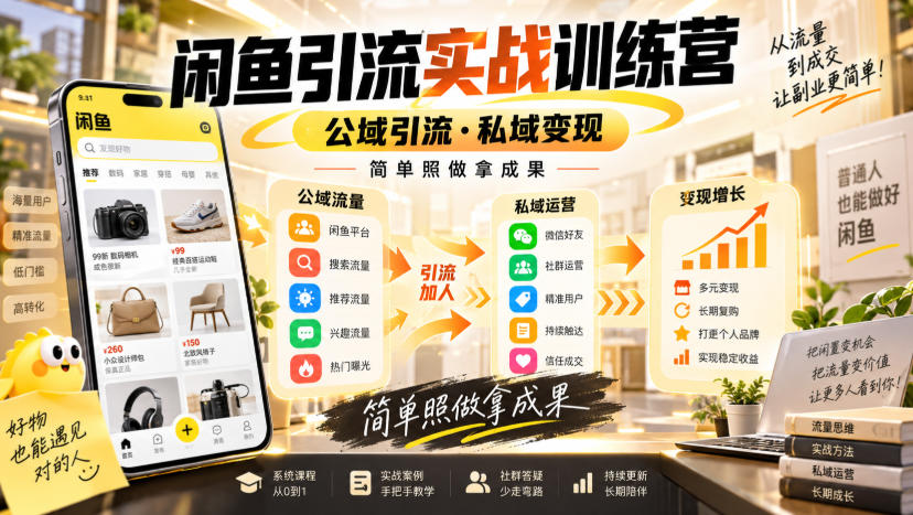闲鱼引流实战训练营，公域引流·私域变现，简单照做拿成果-知创网