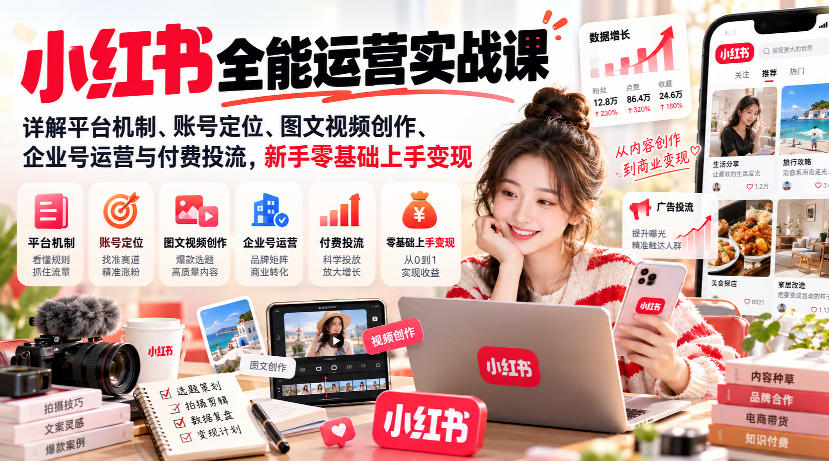 小红书全能运营实战课，详解平台机制、账号定位、图文视频创作、企业号运营与付费投流，新手零基础上手变现-知创网