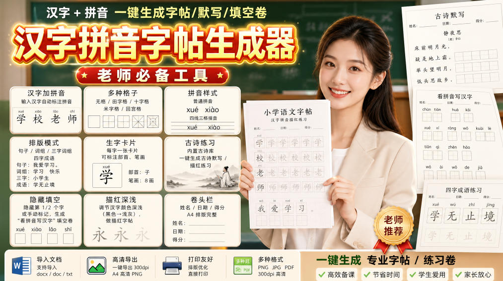 学习神器，汉字拼音字帖生成器，汉字+拼音 一键生成字帖/默写/填空卷，支持词组、成语，老师、家长必备-知创网