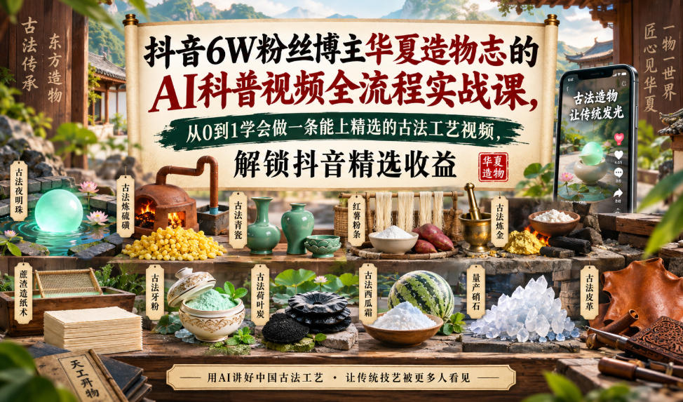 抖音6W粉丝博主华夏造物志的AI科普视频全流程实战课,从0到1学会做一条能上精选的古法工艺视频,解锁抖音精选收益-知创网