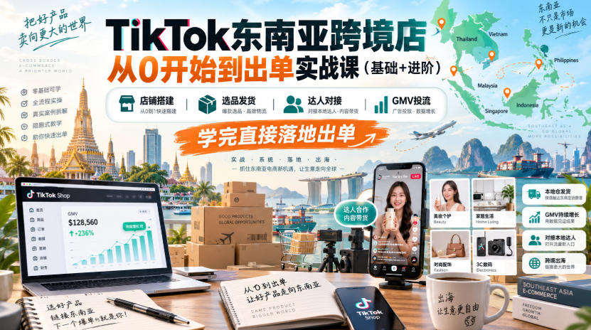 TikTok东南亚跨境店从0开始到出单实战课(基础+进阶),店铺搭建、选品发货、达人对接、GMV投流,学完直接落地出单-知创网