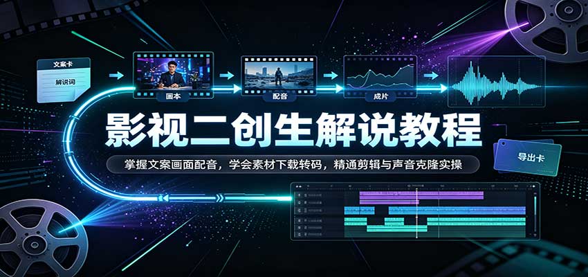 影视二创解说教程：掌握文案画面配音，学会素材下载转码，精通剪辑与声音克隆实操-知创网