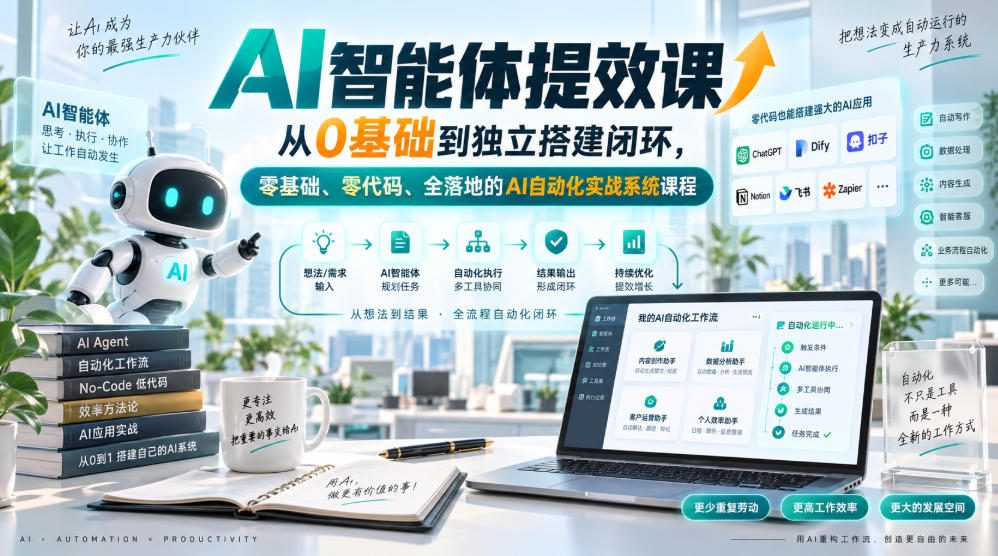 AI智能体提效课,从0基础到独立搭建闭环,零基础、零代码、全落地的AI自动化实战系统课程-知创网