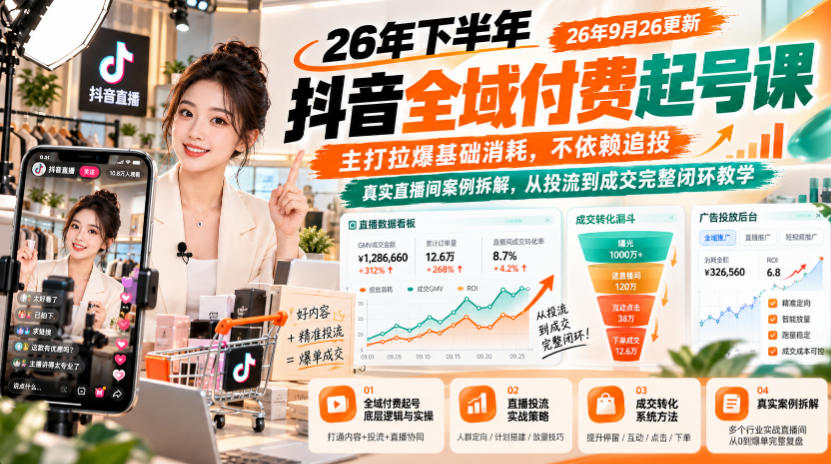 26年下半年抖音全域付费起号课26年9月26更新,主打拉爆基础消耗,不依赖追投,真实直播间案例拆解,从投流到成交完整闭环教学-知创网