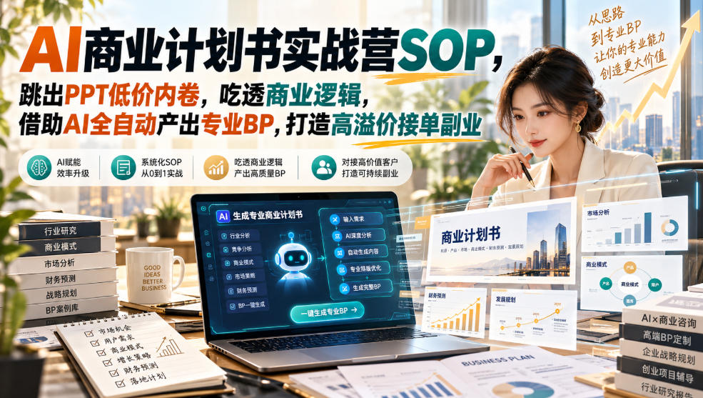 【无水印】AI商业计划书实战营SOP,跳出PPT低价内卷,吃透商业逻辑,借助AI全自动产出专业BP,打造高溢价接单副业-知创网