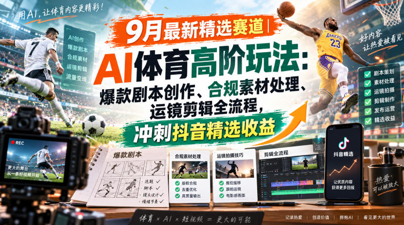 某大佬的9月最新精选赛道之AI体育顶级玩法，爆款剧本创作、版权规避、运镜剪辑全流程，稳拿抖音精选收益-知创网