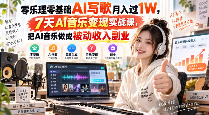 零乐理零基础AI写歌月入过1W，7天AI音乐变现实战课，把AI音乐做成被动收入副业-知创网