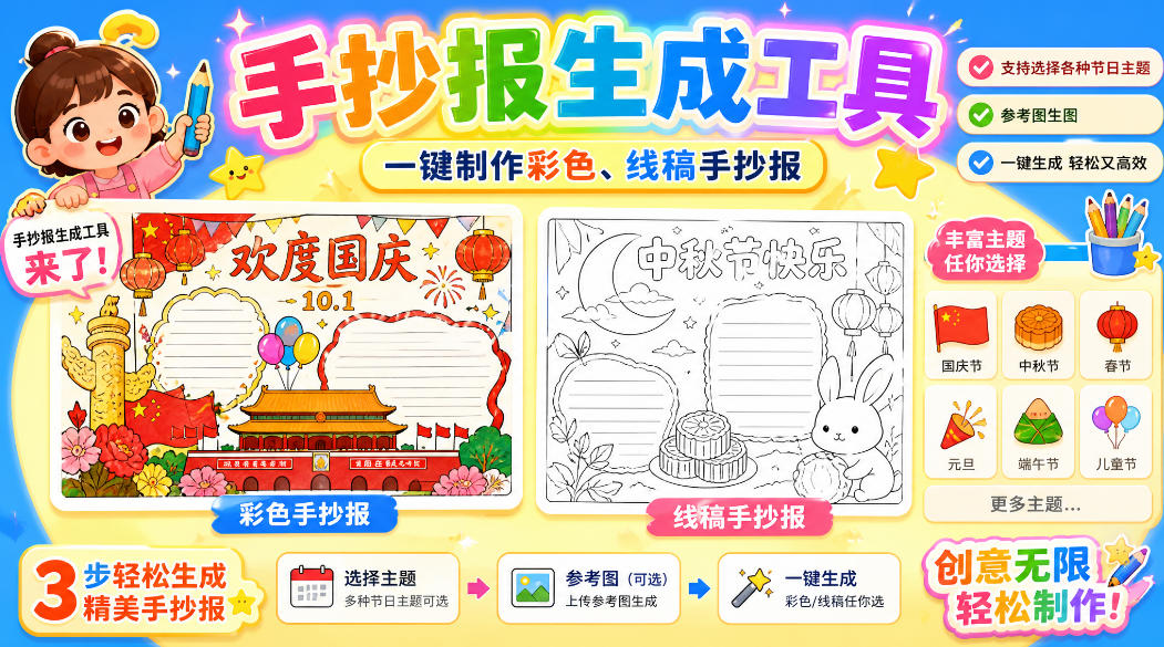 手抄报批量生成工具来了,完全免费,告别豆包生图,高清无水印-知创网