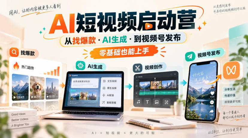 AI短视频启动营,从找爆款·AI生成·到视频号发布,零基础也能上手-知创网