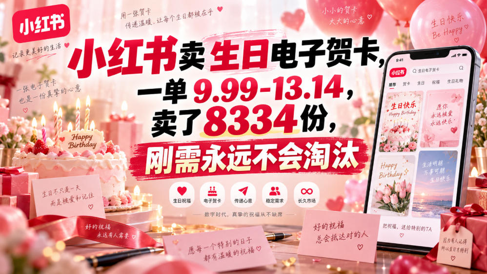 小红书卖生日电子贺卡，一单9.99-13.14，卖了8334份，刚需永远不会淘汰-知创网