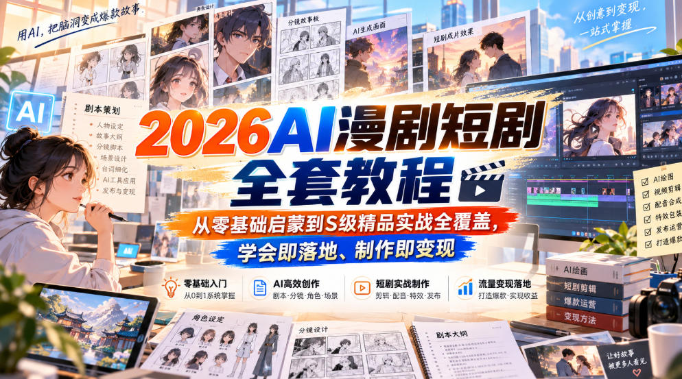 【无水印】2026AI漫剧短剧全套教程,从零基础启蒙到S级精品实战全覆盖,学会即落地、制作即变现-知创网