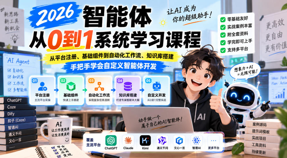 2026智能体从0到1系统学习课程,从平台注册、基础组件到自动化工作流、知识库搭建,手把手学会自定义智能体开发-知创网