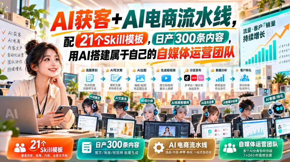 AI获客+AI电商流水线，配21个Skill模板，日产300条内容，用AI搭建属于自己的自媒体运营团队-知创网