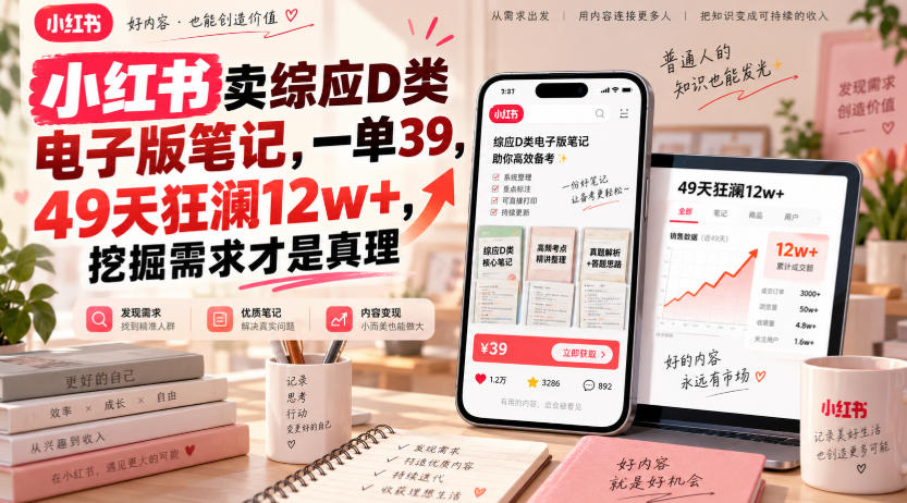 小红书卖综应D类电子版笔记，一单39，49天狂澜12w+，挖掘需求才是真理-知创网
