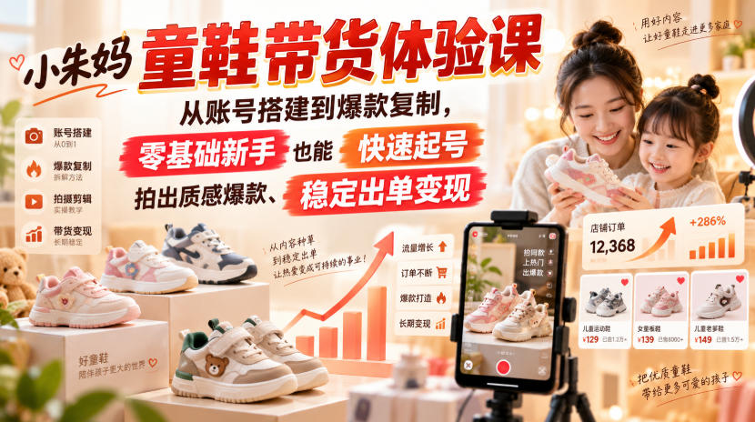 小朱妈童鞋带货体验课，从账号搭建到爆款复制，零基础新手也能快速起号、拍出质感爆款、稳定出单变现-知创网